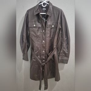 Future Collective Dark Brown Faux Leather Belted Trench Coat
